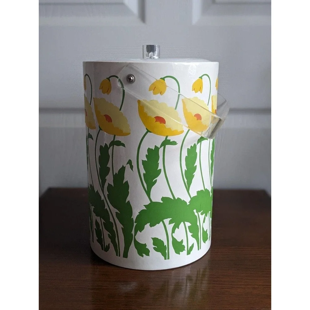 Vtg 1970s Ice Bucket Yellow Poppies Floral Print Padded Vinyl Retro Mid Century